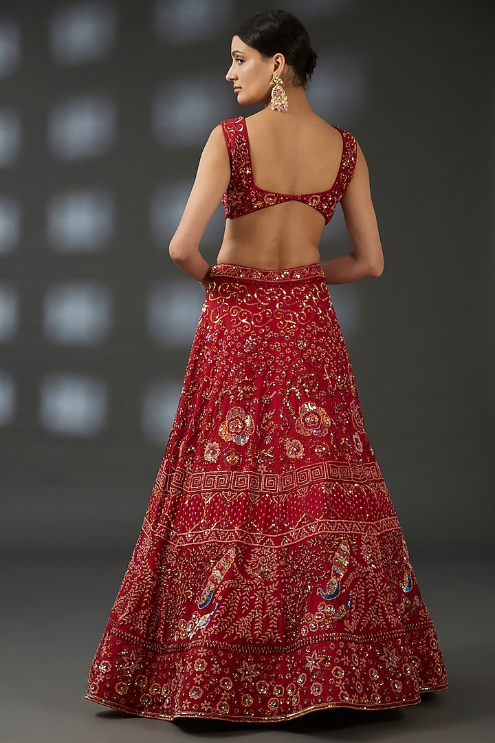 Red Crepe Hand Embroidered Wedding Lehenga Set by Vedika Soni at Pernia's Pop Up Shop