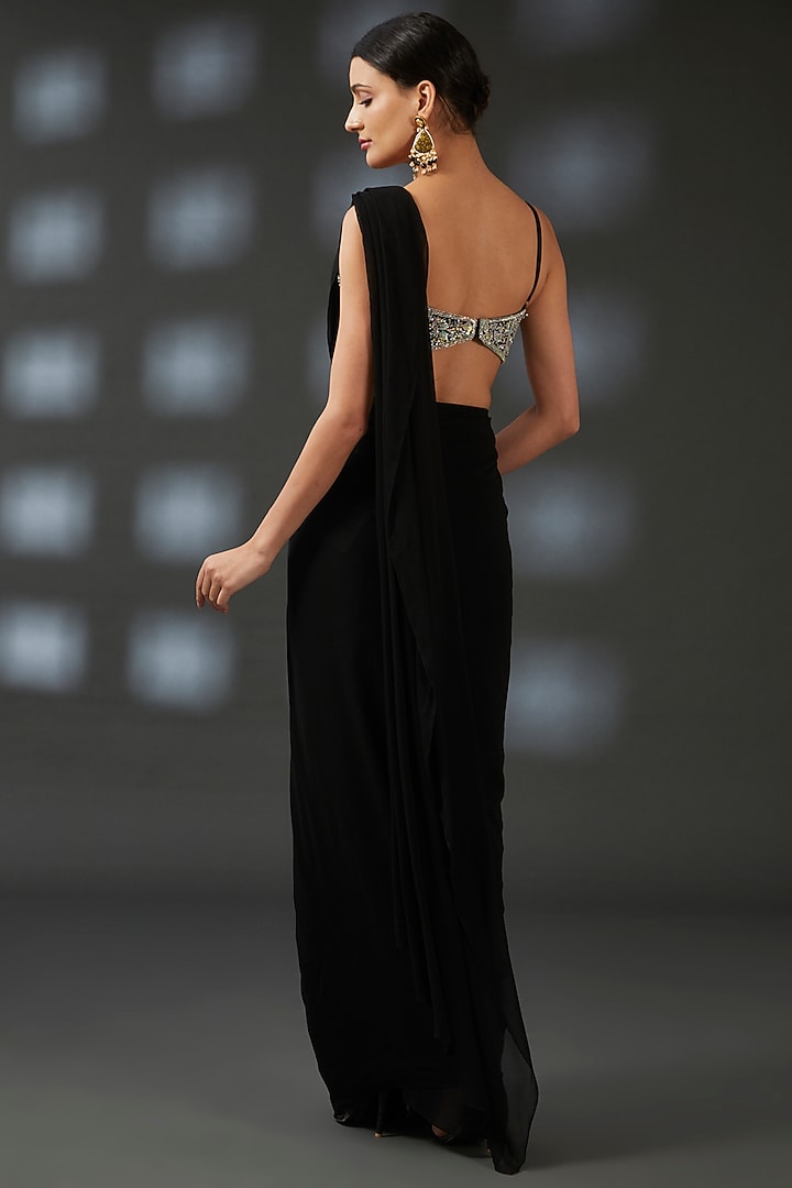 Black Georgette Pre-Stitched Party Wear Saree Set by Vedika Soni at Pernia's Pop Up Shop
