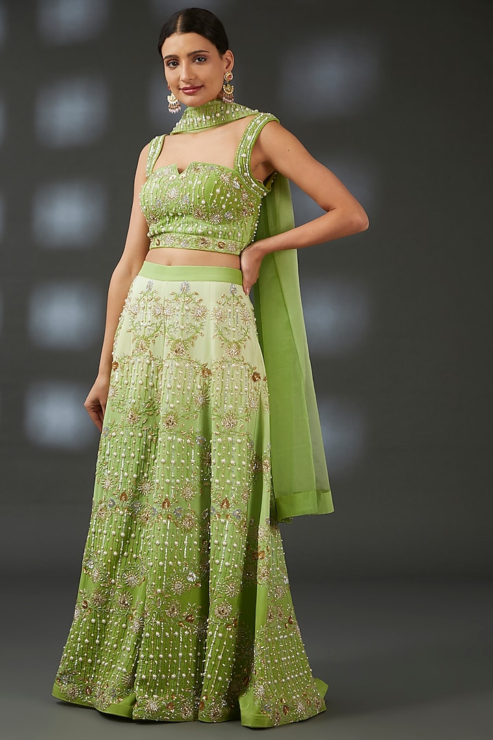 Green Crepe Ombre Embroidered Sharara Set by Vedika Soni