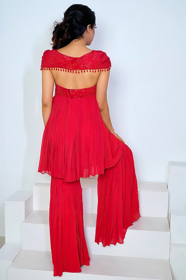 Red Georgette Hand Embroidered Party Wear Sharara Set by Vedika Soni at Pernia's Pop Up Shop