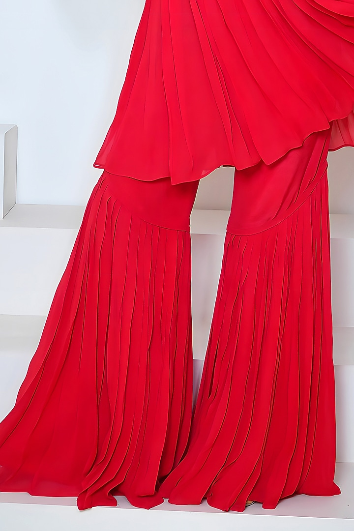 Red Georgette Hand Embroidered Party Wear Sharara Set by Vedika Soni at Pernia's Pop Up Shop