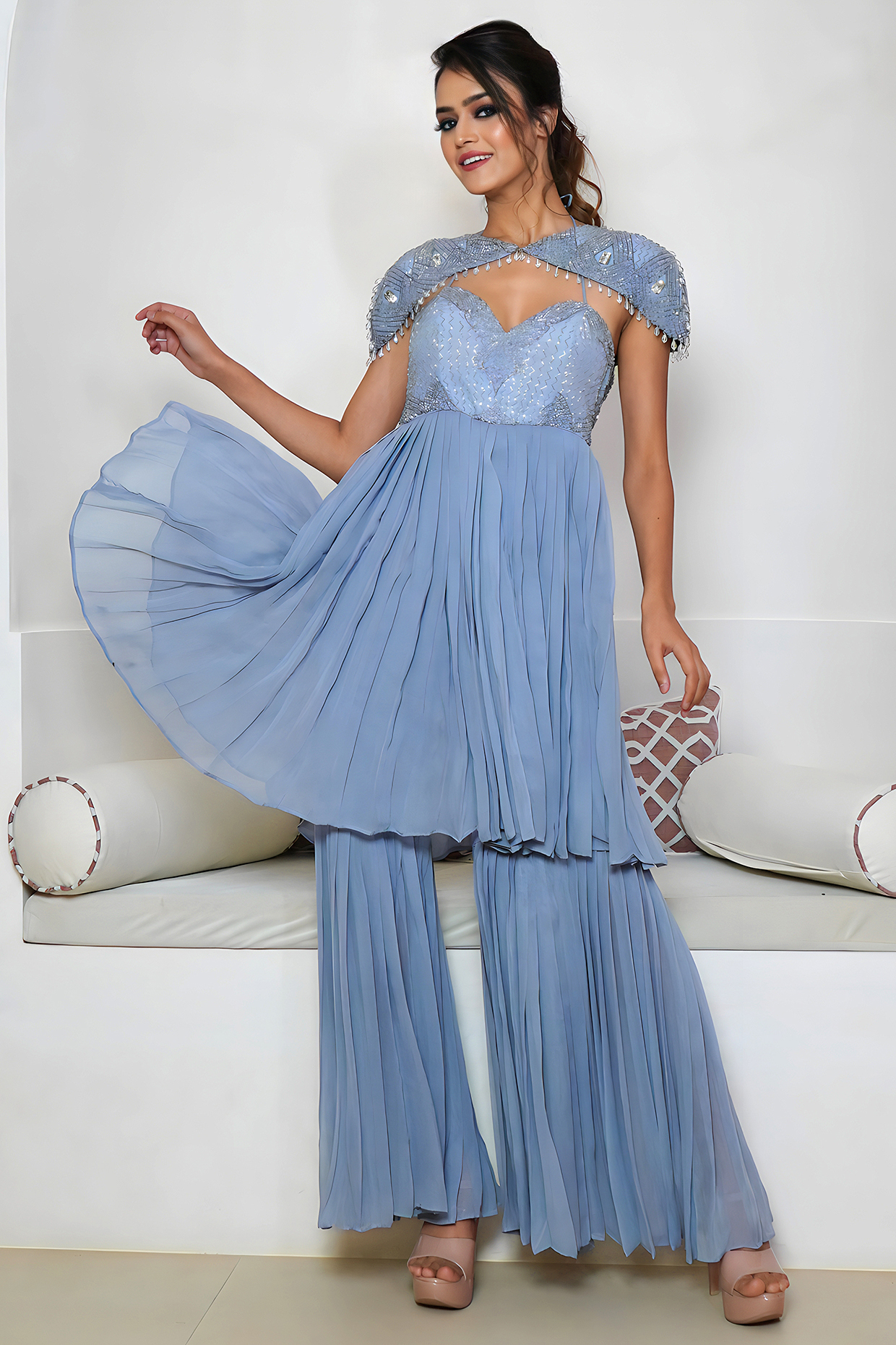 Grey Georgette Hand Embroidered Wedding Sharara Set by Vedika Soni at Pernia's Pop Up Shop