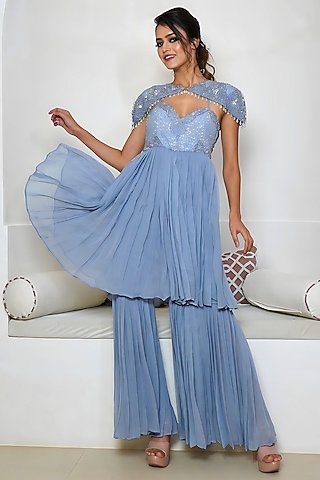 Grey Georgette Hand Embroidered Sharara Set by Vedika Soni