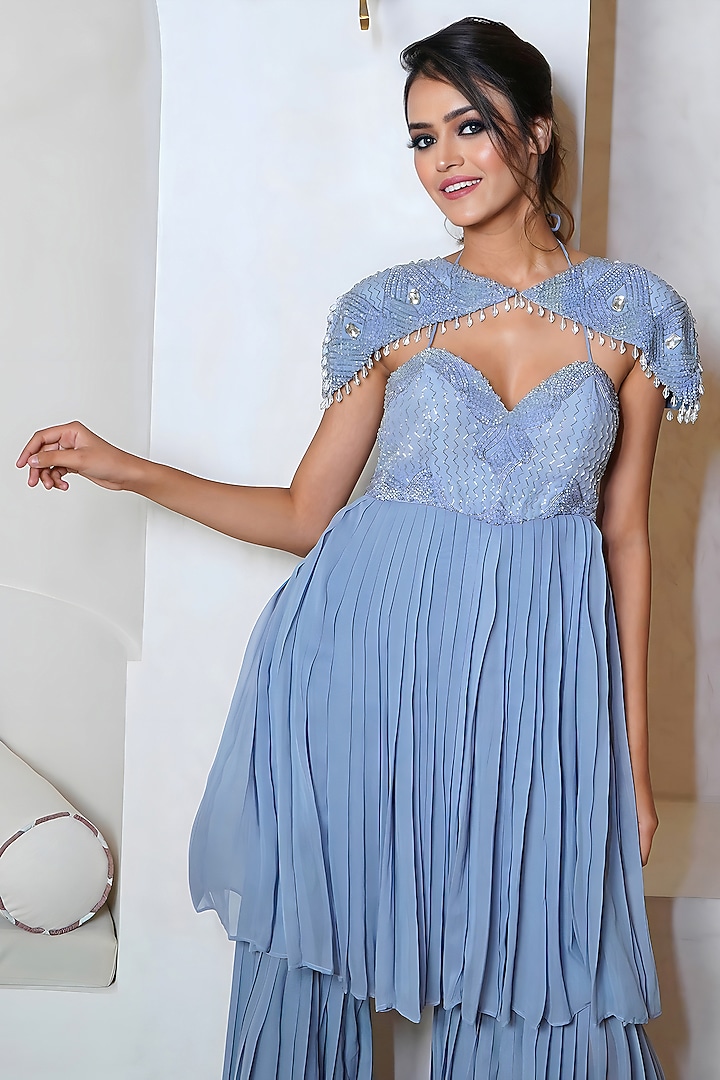 Grey Georgette Hand Embroidered Party Wear Sharara Set by Vedika Soni at Pernia's Pop Up Shop