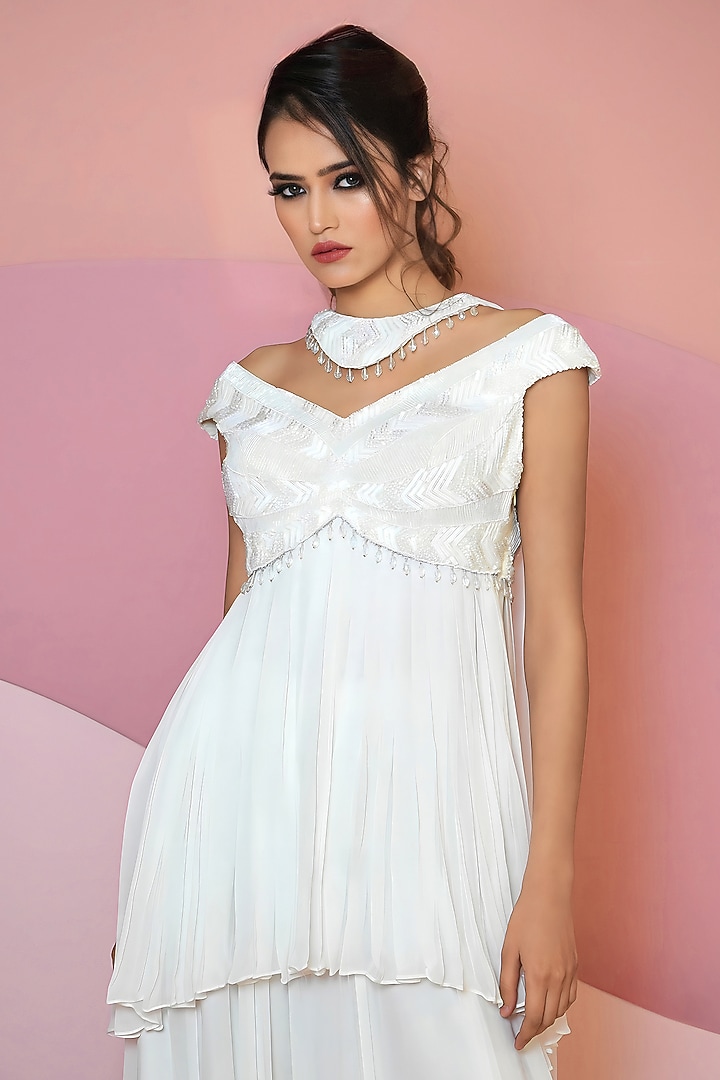 Ivory Georgette Hand Embroidered Party Wear Sharara Set by Vedika Soni at Pernia's Pop Up Shop