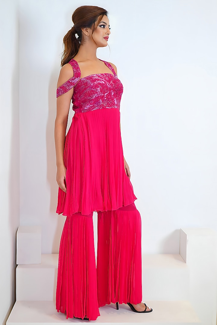 Electric Pink Georgette Hand Embroidered Party Wear Sharara Set by Vedika Soni at Pernia's Pop Up Shop