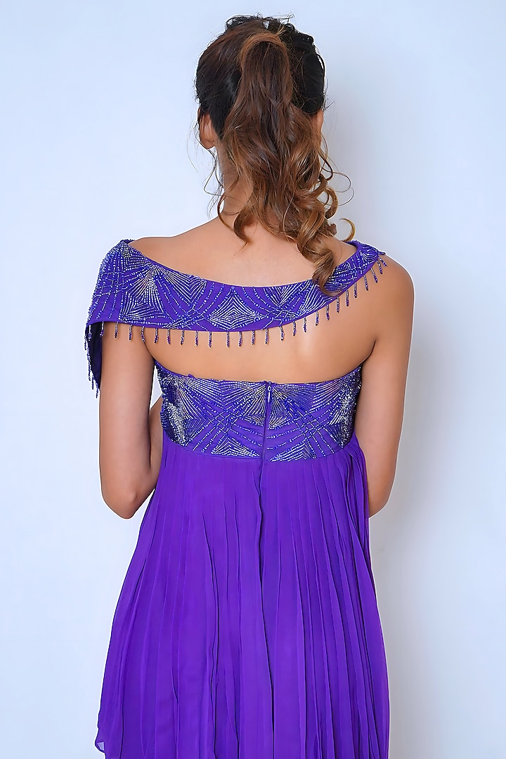 Electric Indigo Georgette Hand Embroidered Party Wear Sharara Set by Vedika Soni at Pernia's Pop Up Shop