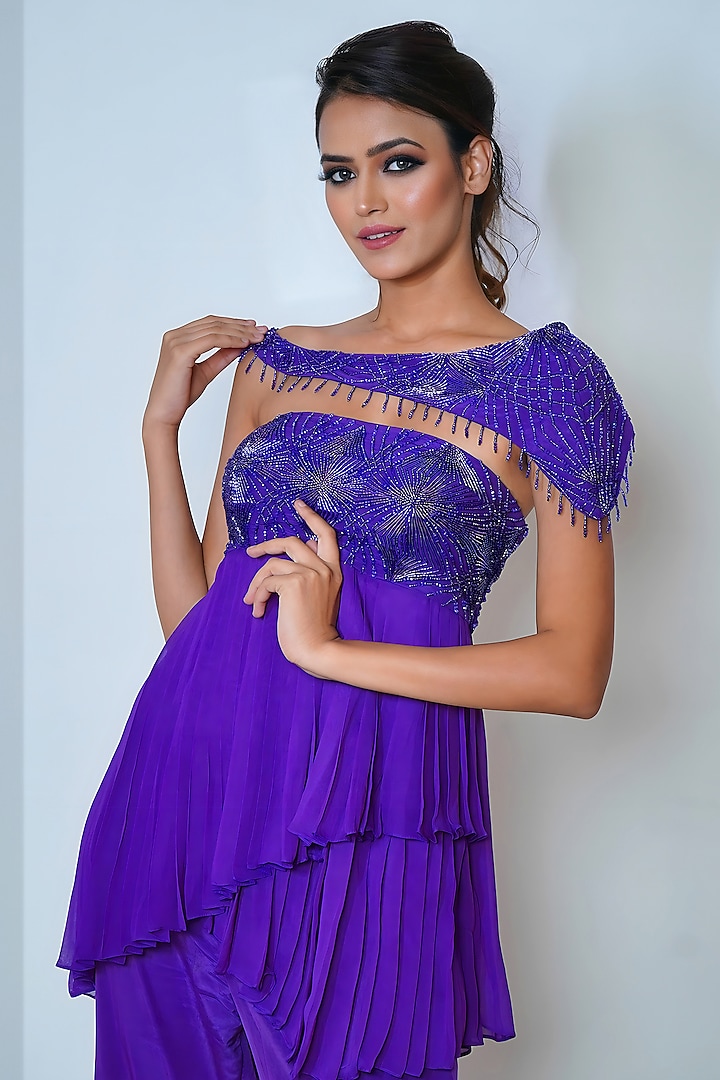 Electric Indigo Georgette Hand Embroidered Party Wear Sharara Set by Vedika Soni at Pernia's Pop Up Shop
