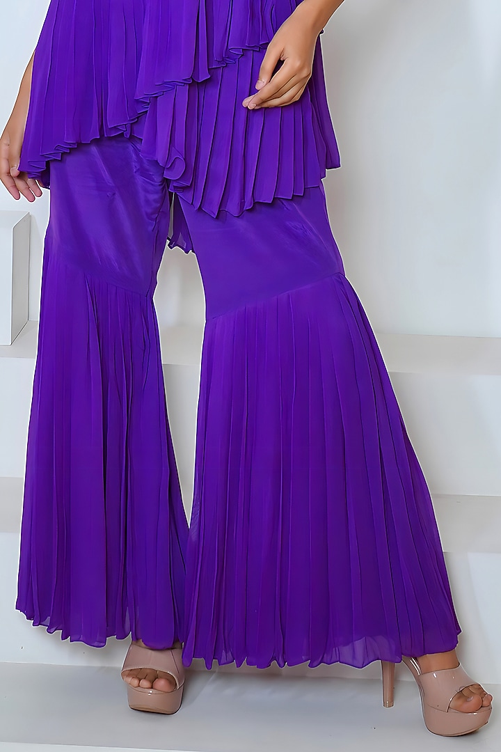 Electric Indigo Georgette Hand Embroidered Party Wear Sharara Set by Vedika Soni at Pernia's Pop Up Shop