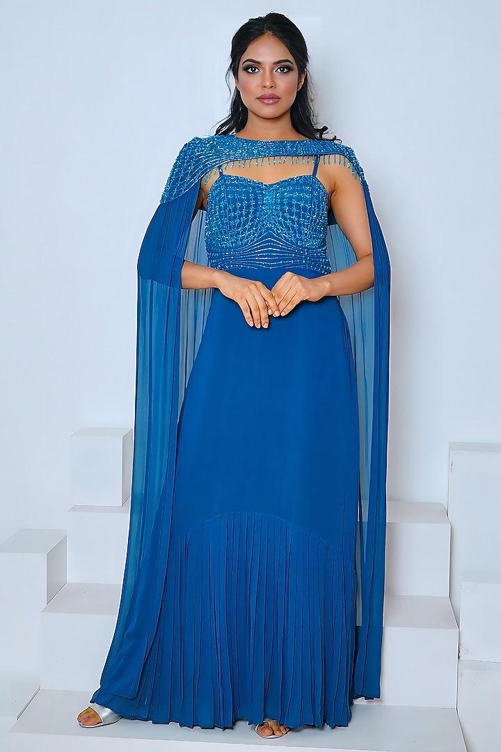 Blue Georgette Hand Embroidered Jacket Maxi Dress by Vedika Soni at Pernia's Pop Up Shop