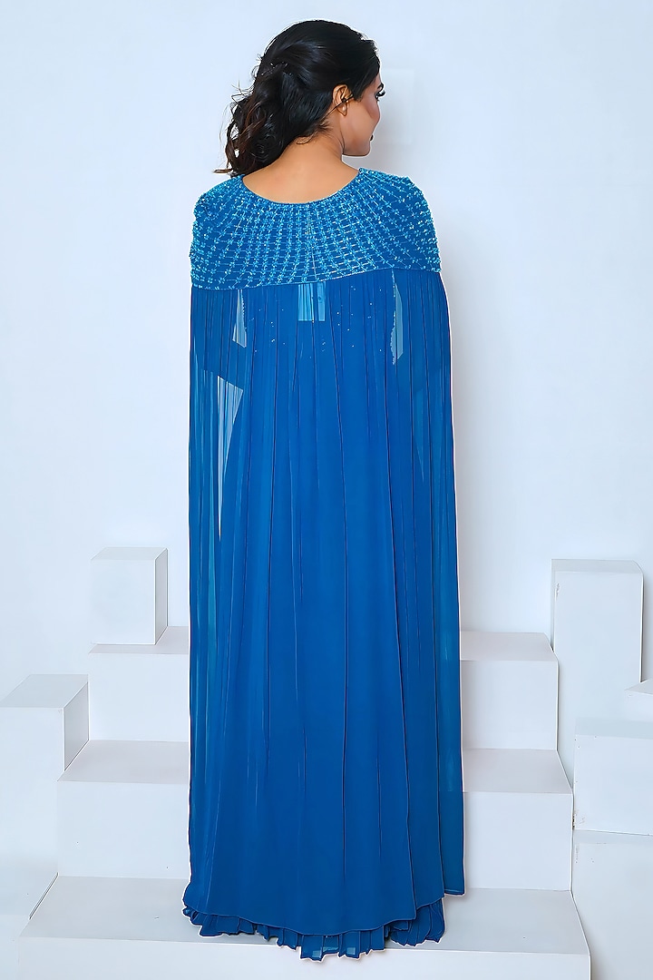 Blue Georgette Hand Embroidered Jacket Maxi Vacation Dress by Vedika Soni at Pernia's Pop Up Shop