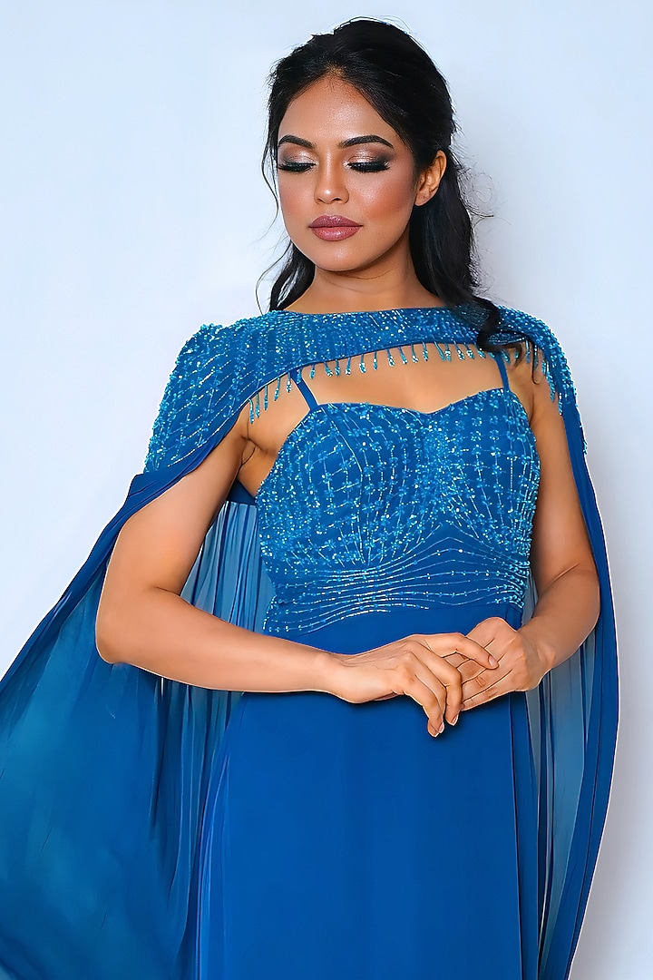 Blue Georgette Hand Embroidered Jacket Maxi Vacation Dress by Vedika Soni at Pernia's Pop Up Shop