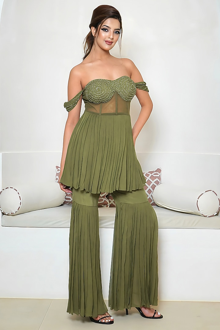 Mehendi Green Georgette Party Wear Sharara Set by Vedika Soni at Pernia's Pop Up Shop