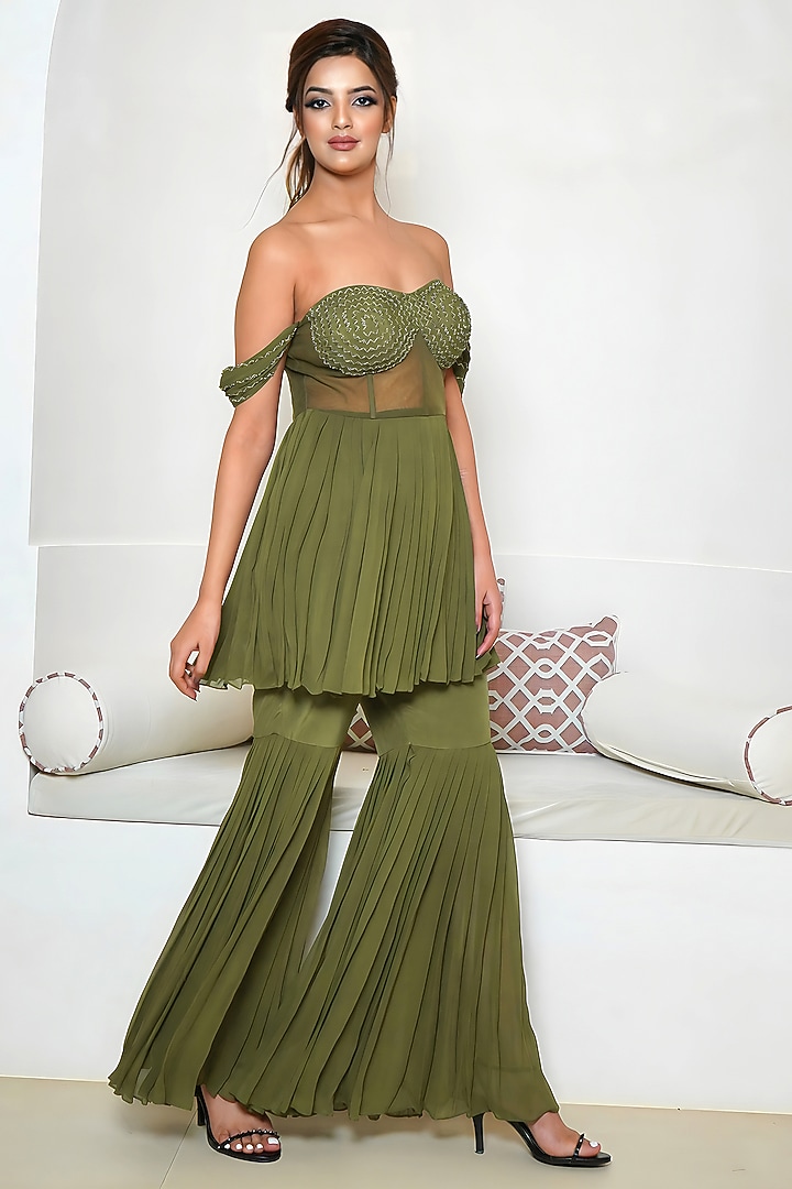 Mehendi Green Georgette Party Wear Sharara Set by Vedika Soni at Pernia's Pop Up Shop