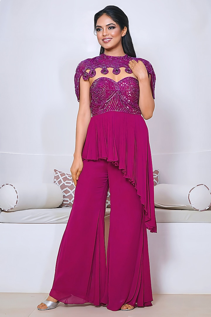 Wine Georgette Hand Embroidered Sharara Set by Vedika Soni at Pernia's Pop Up Shop