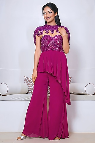 Wine Georgette Hand Embroidered Sharara Set by Vedika Soni