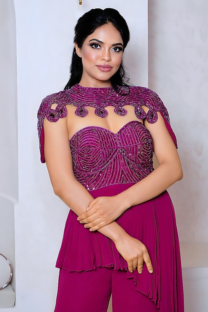 Wine Georgette Hand Embroidered Party Wear Sharara Set by Vedika Soni at Pernia's Pop Up Shop