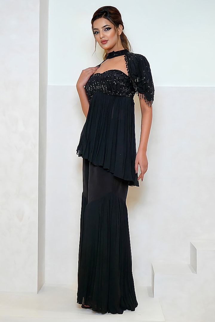 Black Georgette Hand Embroidered Party Wear Sharara Set by Vedika Soni at Pernia's Pop Up Shop