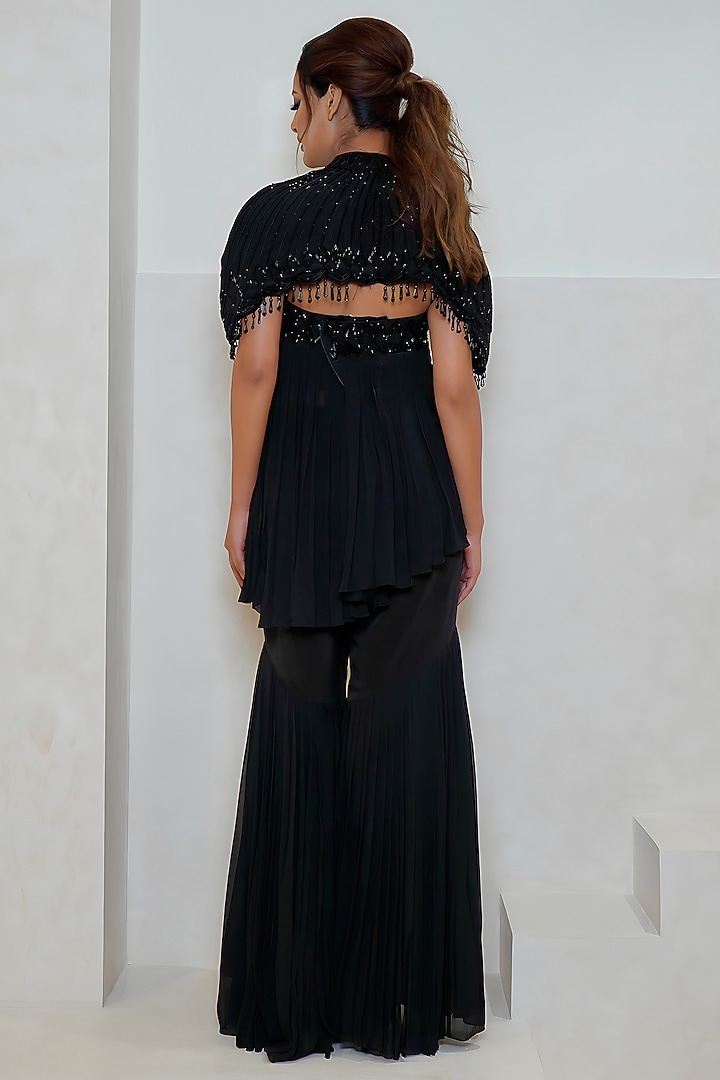 Black Georgette Hand Embroidered Party Wear Sharara Set by Vedika Soni at Pernia's Pop Up Shop