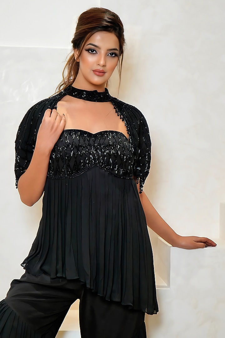 Black Georgette Hand Embroidered Party Wear Sharara Set by Vedika Soni at Pernia's Pop Up Shop