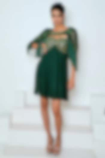 Emerald Green Georgette Hand Embroidered Mini Jacket Dress by Vedika Soni at Pernia's Pop Up Shop