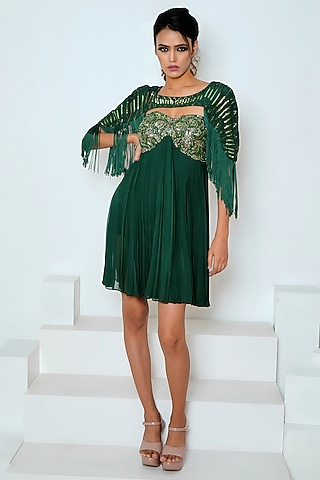 Emerald Green Georgette Hand Embroidered Mini Jacket Dress by Vedika Soni