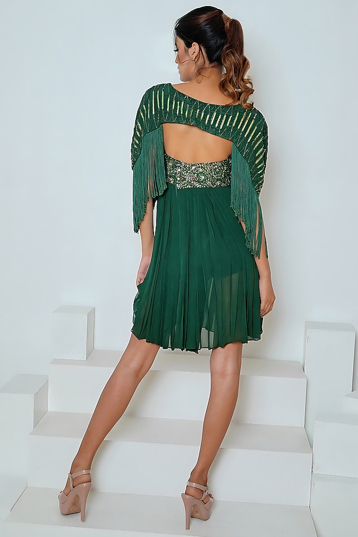 Emerald Green Georgette Hand Embroidered Mini Jacket Dress by