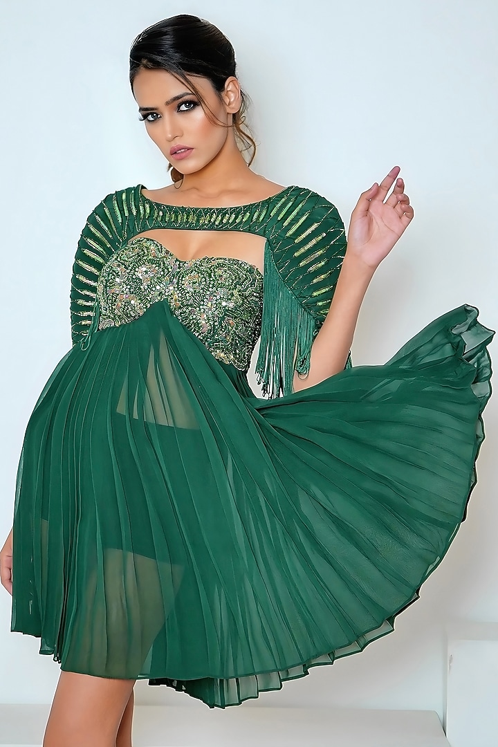 Emerald Green Georgette Hand Embroidered Mini Jacket Vacation Dress by Vedika Soni at Pernia's Pop Up Shop