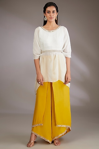 Ivory Georgette Hand Embroidered Kurta Set by Vedika Soni