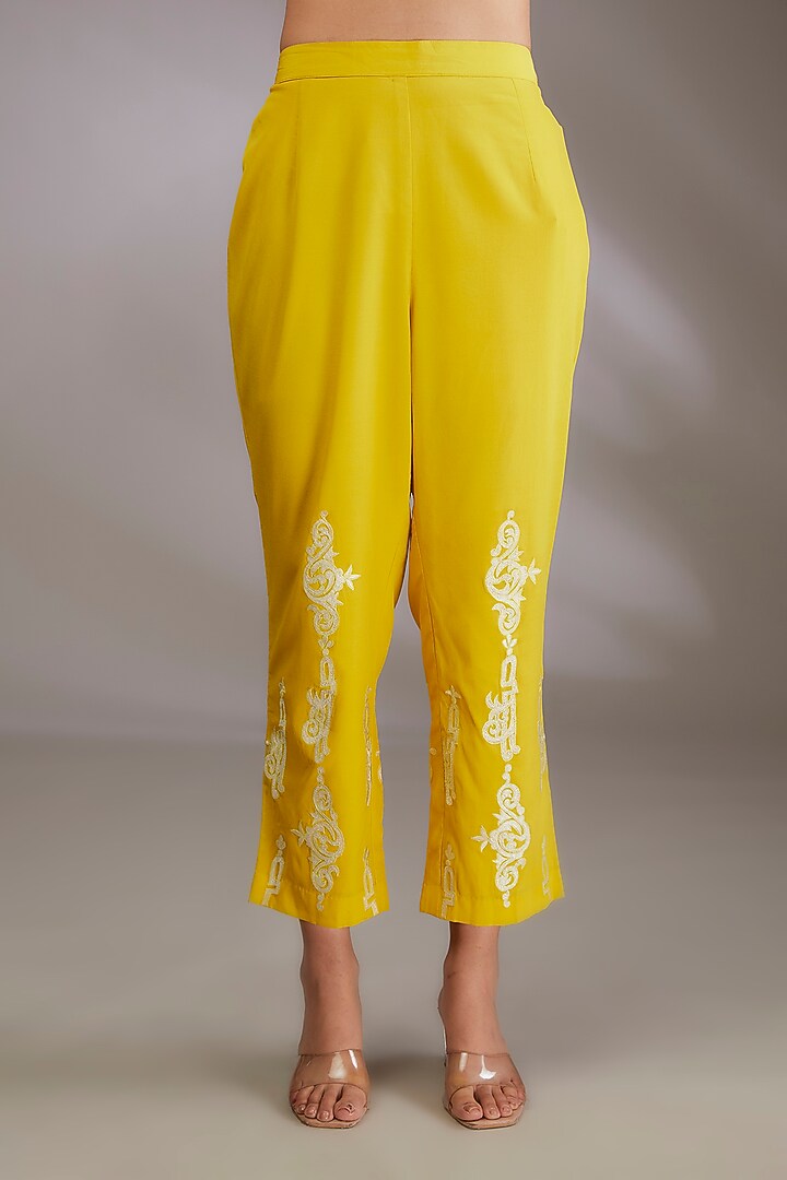 Yellow Crepe Machine Embroidered Co-Ord Set by Vedika Soni at Pernia's Pop Up Shop