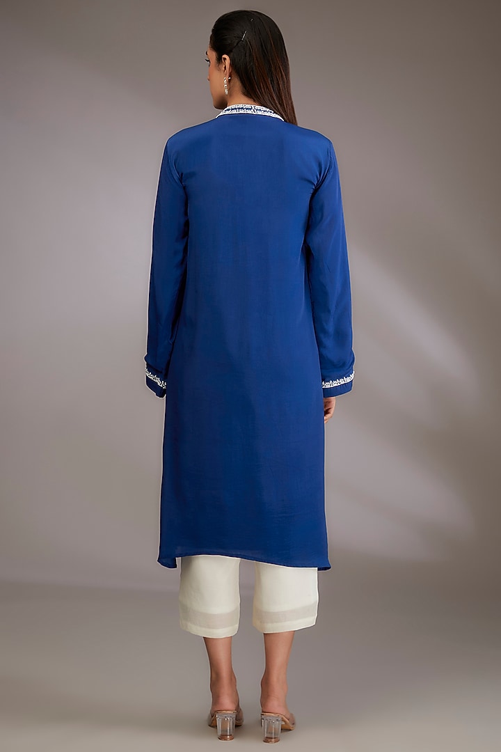 Blue Crepe Hand Embroidered A-Line Kurta Set by Vedika Soni at Pernia's Pop Up Shop