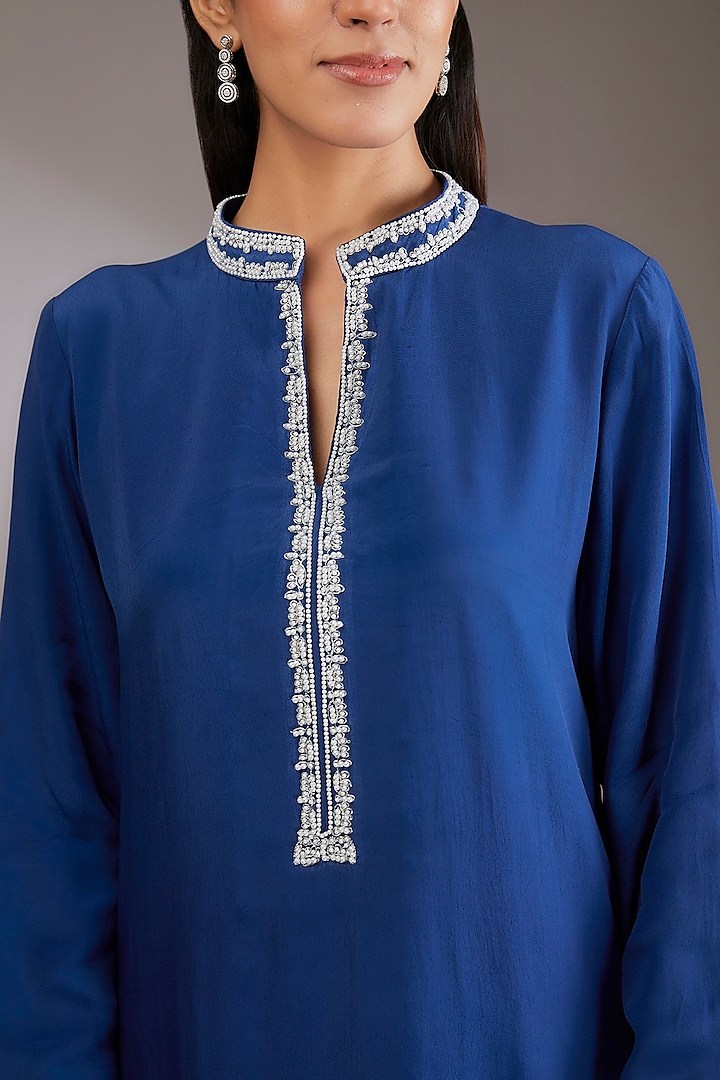Blue Crepe Hand Embroidered A-Line Kurta Set by Vedika Soni at Pernia's Pop Up Shop