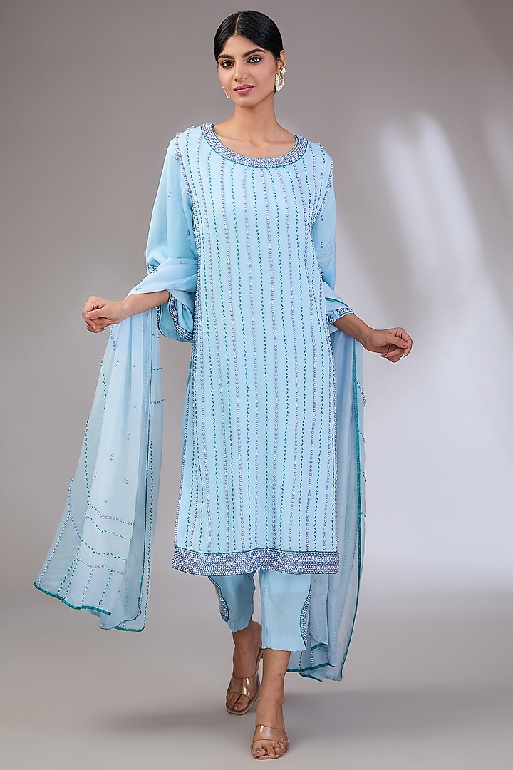 Ice Blue Organza Hand Embroidered Kurta Set by Vedika Soni at Pernia's Pop Up Shop