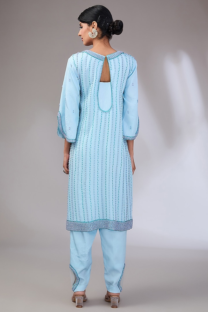 Ice Blue Organza Hand Embroidered Kurta Set by Vedika Soni at Pernia's Pop Up Shop