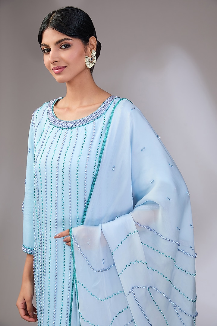 Ice Blue Organza Hand Embroidered Kurta Set by Vedika Soni at Pernia's Pop Up Shop