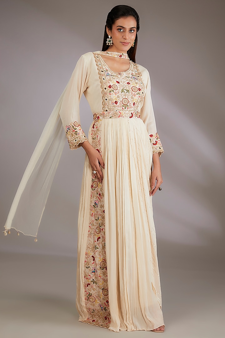 Ivory Georgette Hand Embroidered Gown With Dupatta by Vedika Soni at Pernia's Pop Up Shop