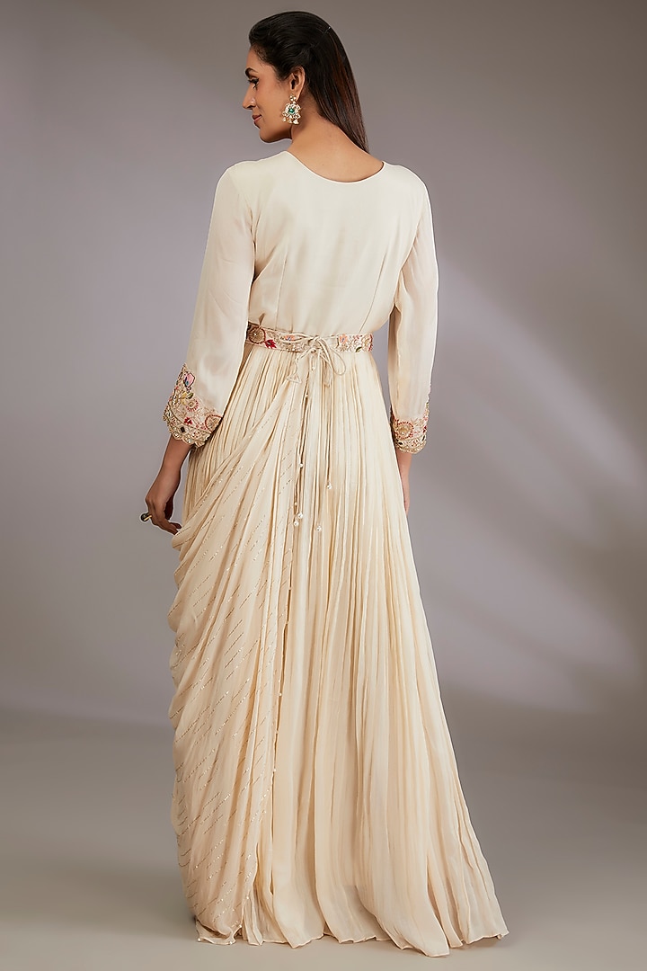 Ivory Georgette Hand Embroidered Engagement Gown With Dupatta by Vedika Soni at Pernia's Pop Up Shop