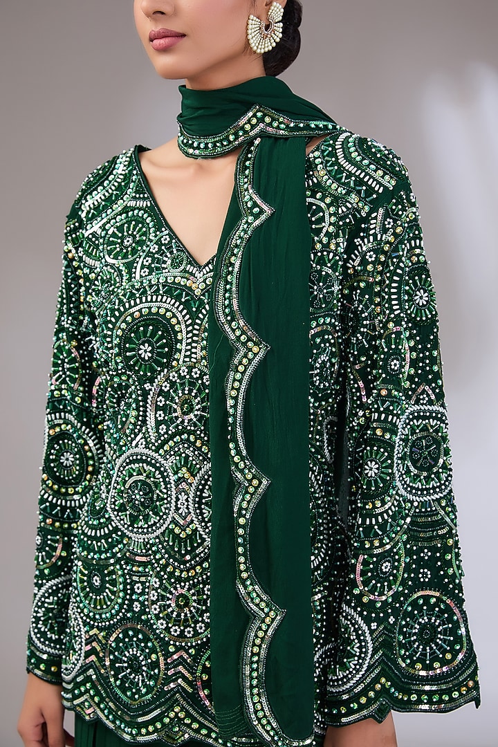 Bottle Green Crepe Hand Embroidered Kurta Set by Vedika Soni at Pernia's Pop Up Shop