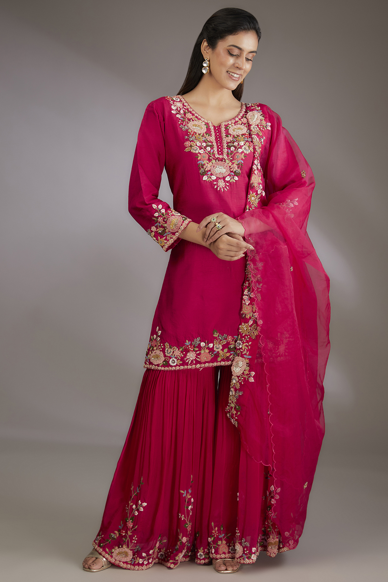 Red Georgette Hand Embroidered Wedding Sharara Set by Vedika Soni at Pernia's Pop Up Shop
