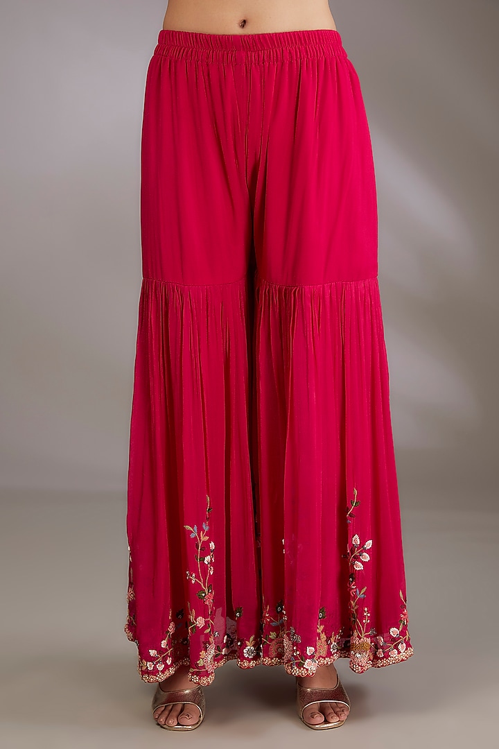 Red Georgette Hand Embroidered Wedding Sharara Set by Vedika Soni at Pernia's Pop Up Shop