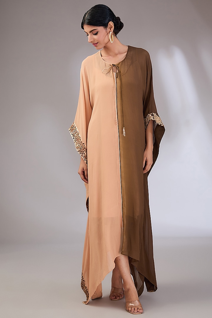 Beige Brown Georgette Machine Embroidered Kaftan by Vedika Soni at Pernia's Pop Up Shop