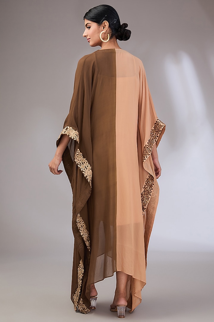 Beige Brown Georgette Machine Embroidered Kaftan by Vedika Soni at Pernia's Pop Up Shop