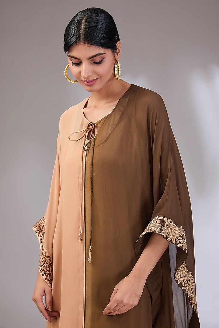 Beige Brown Georgette Machine Embroidered Kaftan by Vedika Soni at Pernia's Pop Up Shop
