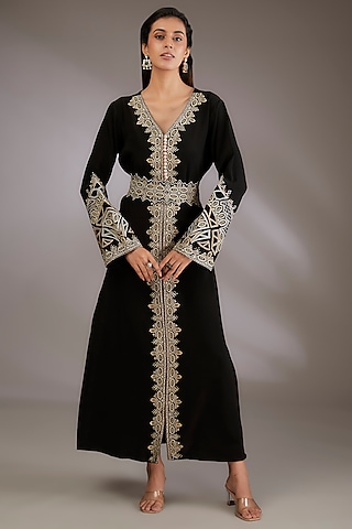 Black Crepe Machine Embroidered Kaftan by Vedika Soni
