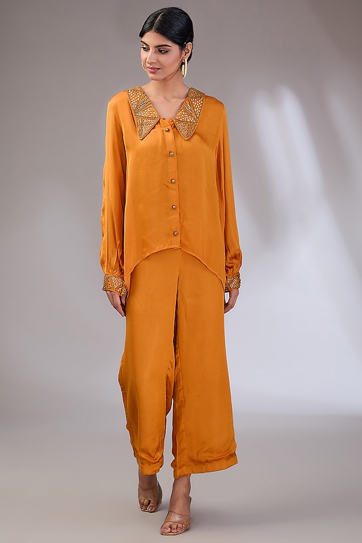 Orange Satin Hand Embroidered Co-Ord Set by Vedika Soni at Pernia's Pop Up Shop