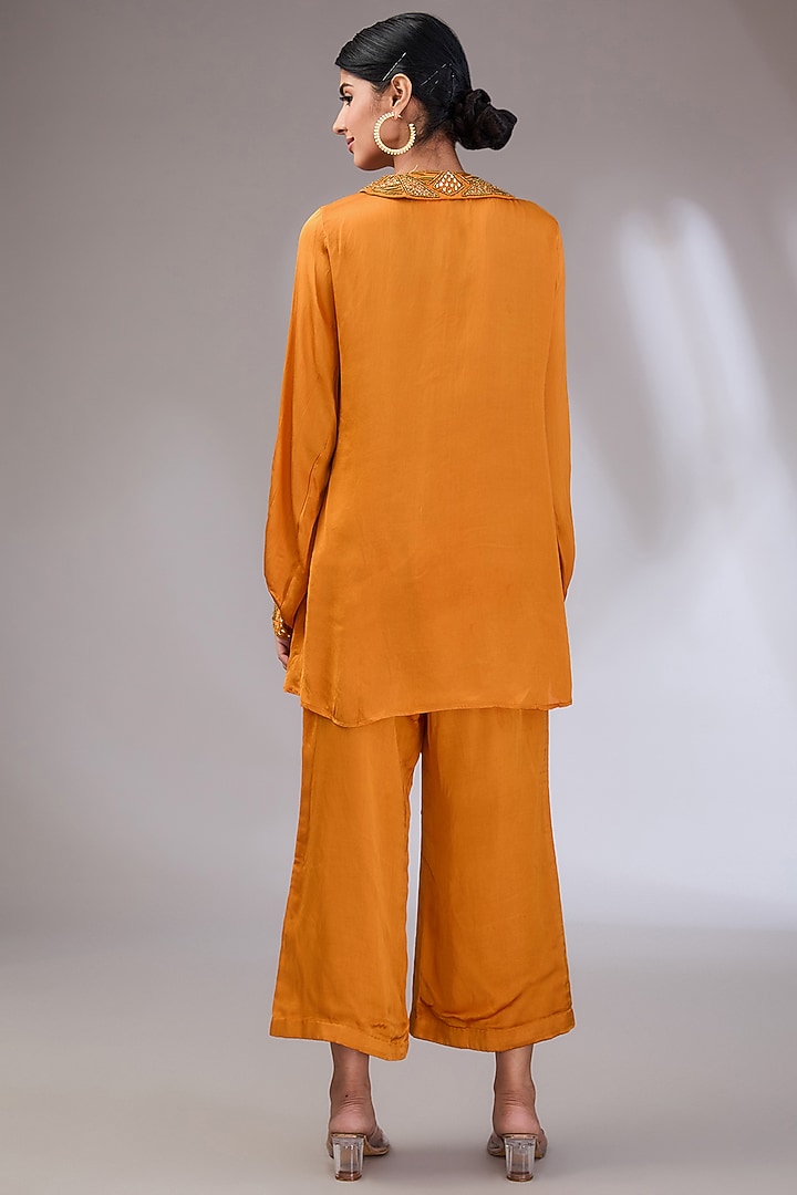 Orange Satin Hand Embroidered Co-Ord Set by Vedika Soni at Pernia's Pop Up Shop