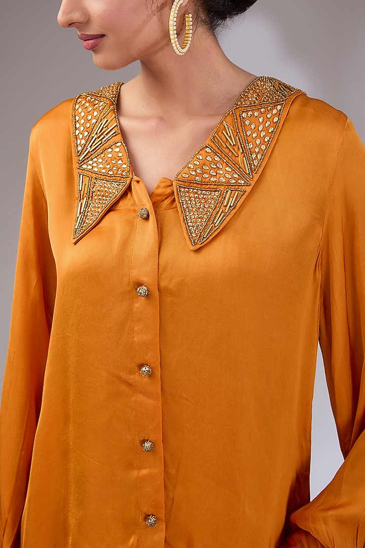 Orange Satin Hand Embroidered Co-Ord Set by Vedika Soni at Pernia's Pop Up Shop