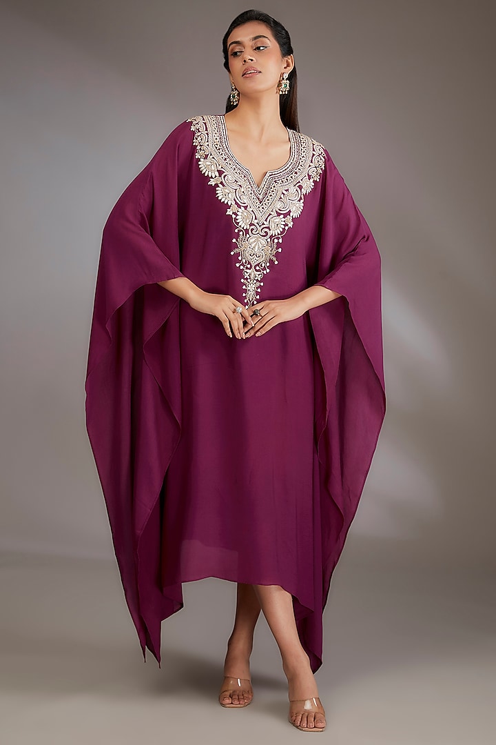 Wine Georgette Machine Embroidered Kaftan by Vedika Soni at Pernia's Pop Up Shop