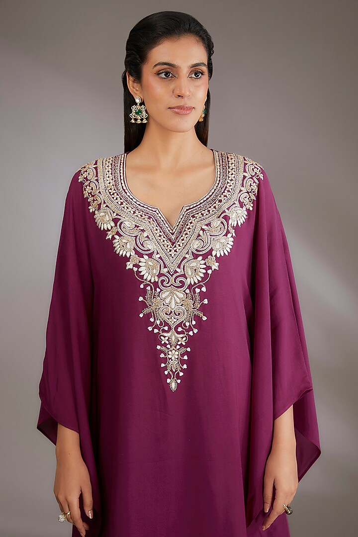 Wine Georgette Machine Embroidered Kaftan by Vedika Soni at Pernia's Pop Up Shop