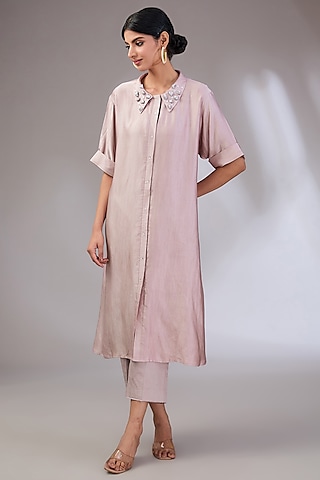Mauve Cotton Hand Embroidered Kurta Set by Vedika Soni